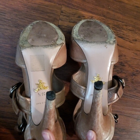 Prada Womens Beige Tan Distressed Leather Edgy Feminine Peeptoe Pumps Size 36.5 - Picture 6 of 7